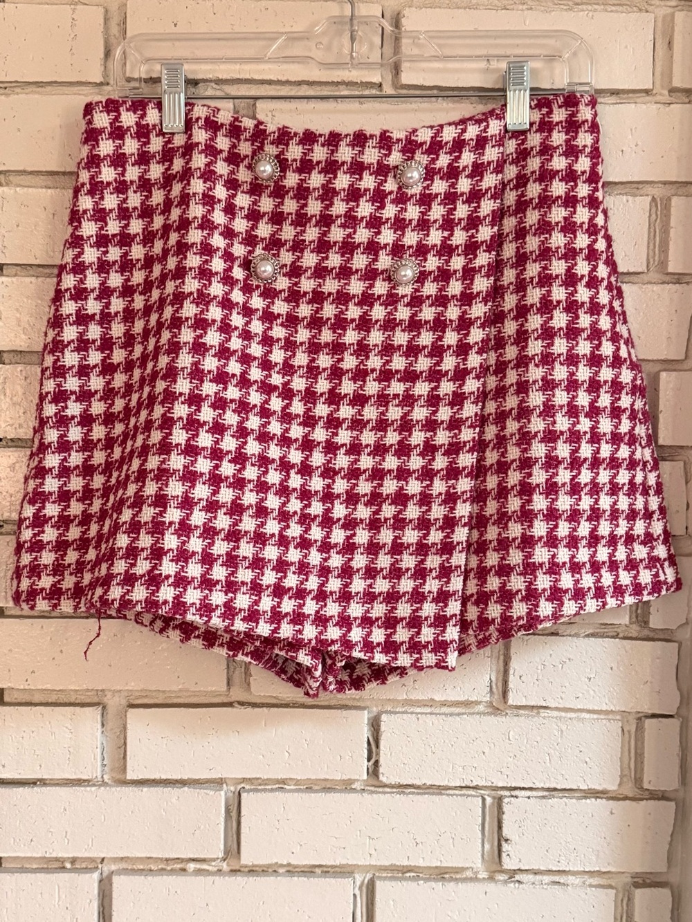 Women's Pink White Houndstooth Tweed Skort Pearl Button High Waist Mini Chic L